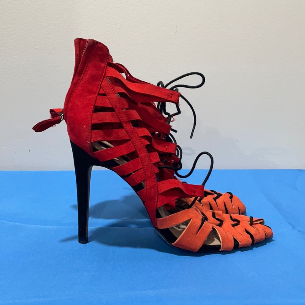 Lightly used really good condition Zara tie up sandals in orange, red and black
